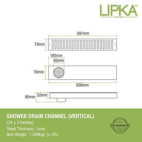 LIPKA Vertical Shower Drain Channel| 24 x 3 Inches |304 Grade Stainless Steel Shower Drain Channel for Bathrooms & Showers Area | Waste Water Floor Drainer with Antifoul Cockroach Trap Without Collar - Image 2