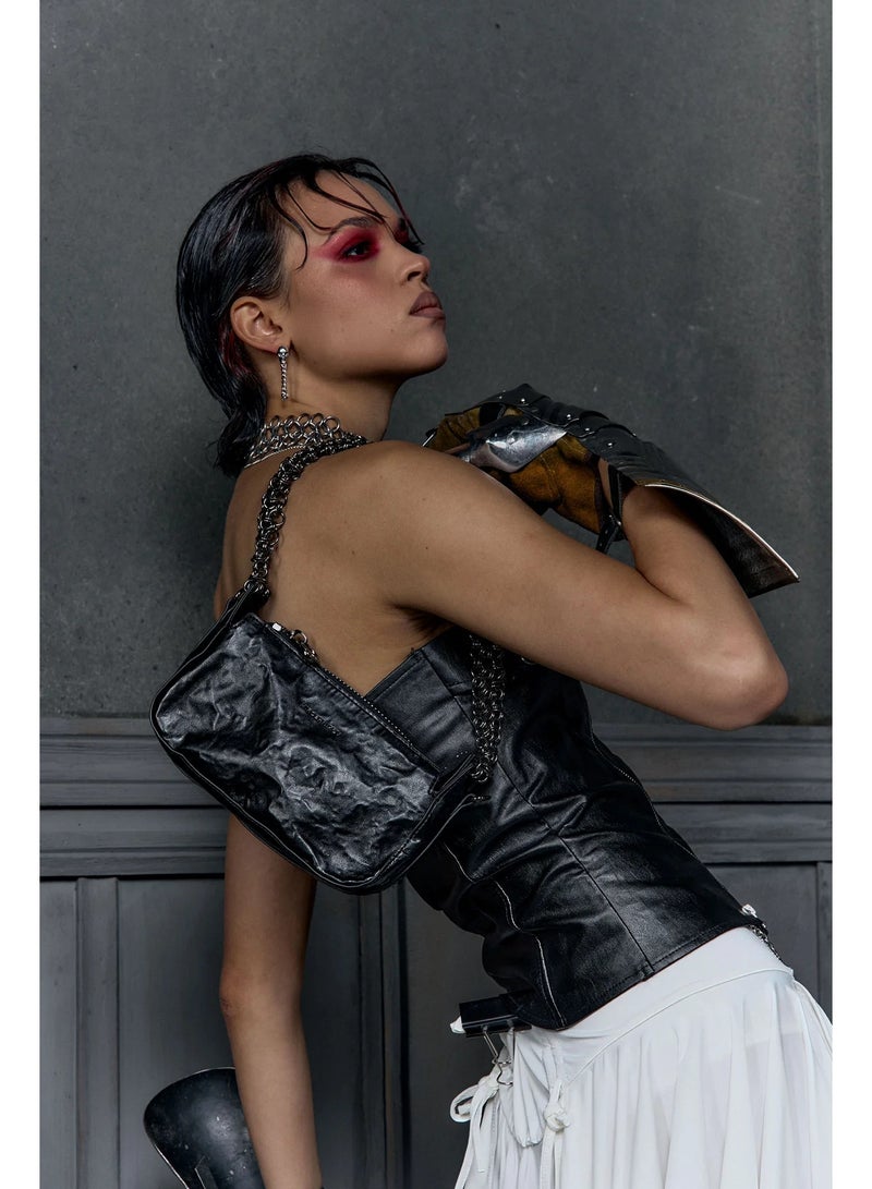 ميروشنيكوف حقيبة ميروشنيكوف الصغيرة الفاخرة ذات السلسلة للنساء، حقيبة يد من جلد البولي يوريثان غير اللامع، حزام سلسلة قابل للتعديل، حقيبة كتف صغيرة للسفر والحفلات والاستخدام اليومي، أسود، قطعة واحدة - Image 4