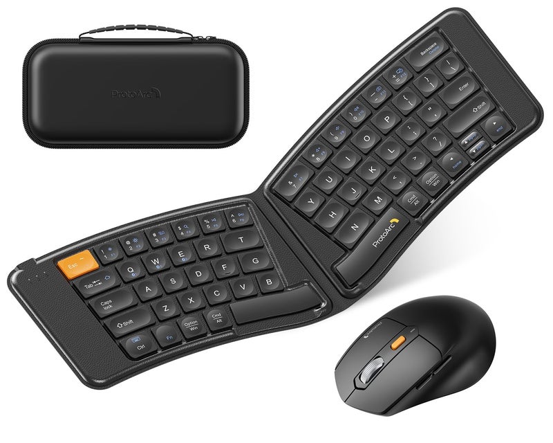 ProtoArc Ergonomic Foldable Keyboard Mouse, XKM03 Portable Folding Bluetooth Keyboard Mouse Combo for Business and Travel, Split Design, 3 Bluetooth, Rechargeable, for iPad, Tablet, iPhone, Laptop - Image 1