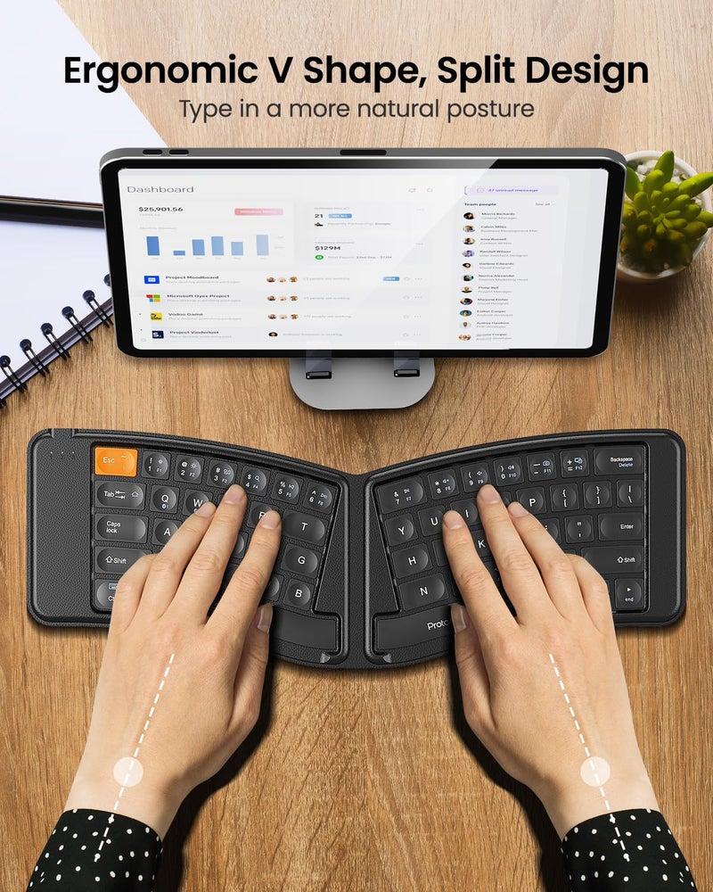 ProtoArc Ergonomic Foldable Keyboard Mouse, XKM03 Portable Folding Bluetooth Keyboard Mouse Combo for Business and Travel, Split Design, 3 Bluetooth, Rechargeable, for iPad, Tablet, iPhone, Laptop - Image 2