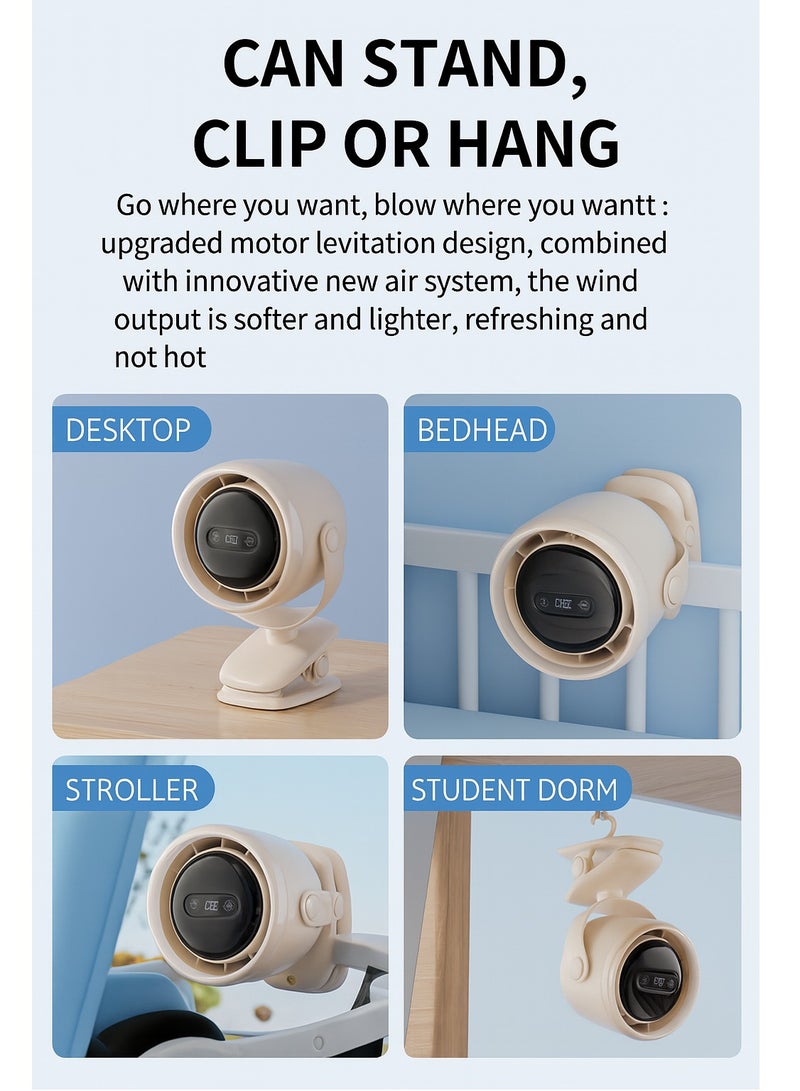 Portable Clip-On Circulation Fan GF15-J with Silent Motor, LED Display, Night Light, 7200mAh Battery – Multi-Angle Adjustable, For Office, Stroller, Camping  - Image 2