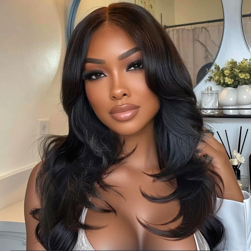 mscoco Wear and Go Glueless Wigs Human Hair Pre Plucked Pre Cut 6Ã—5 Layered Haircut HD Lace Closure Wigs Human Hair for Black Women Pre Bleached Knots 180% Density 16inch Natural Black Wig - Image 1