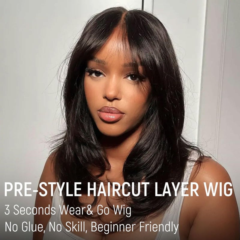 mscoco Wear and Go Glueless Wigs Human Hair Pre Plucked Pre Cut 6Ã—5 Layered Haircut HD Lace Closure Wigs Human Hair for Black Women Pre Bleached Knots 180% Density 16inch Natural Black Wig - Image 3