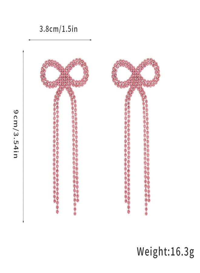 WCRAZYE Bow Earrings for Women Sparkly Rhinestone Bow Stud Earrings TasselBow Pearl Dangle Earrings for Christmas Jewelry (Pink) - Image 4