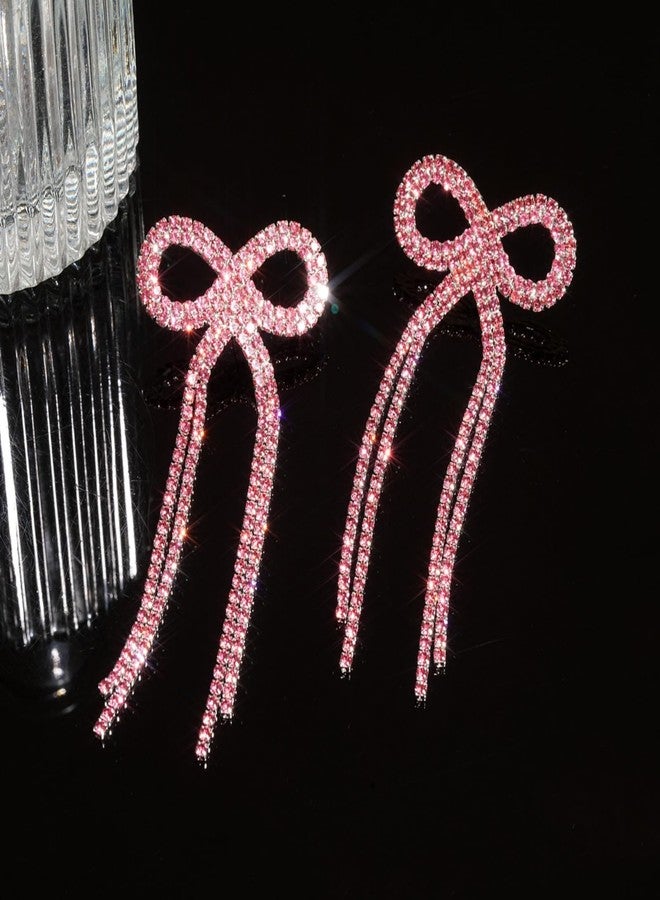 WCRAZYE Bow Earrings for Women Sparkly Rhinestone Bow Stud Earrings TasselBow Pearl Dangle Earrings for Christmas Jewelry (Pink) - Image 3