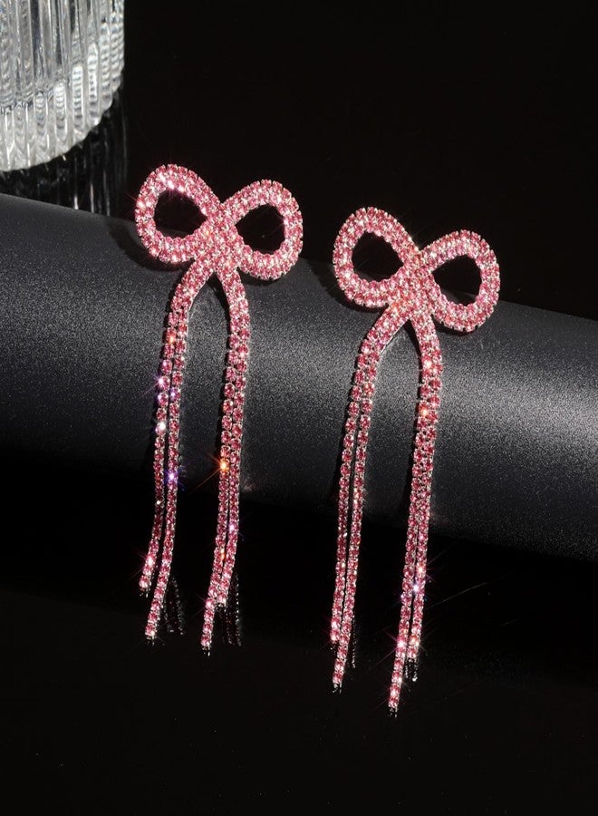 WCRAZYE Bow Earrings for Women Sparkly Rhinestone Bow Stud Earrings TasselBow Pearl Dangle Earrings for Christmas Jewelry (Pink) - Image 2