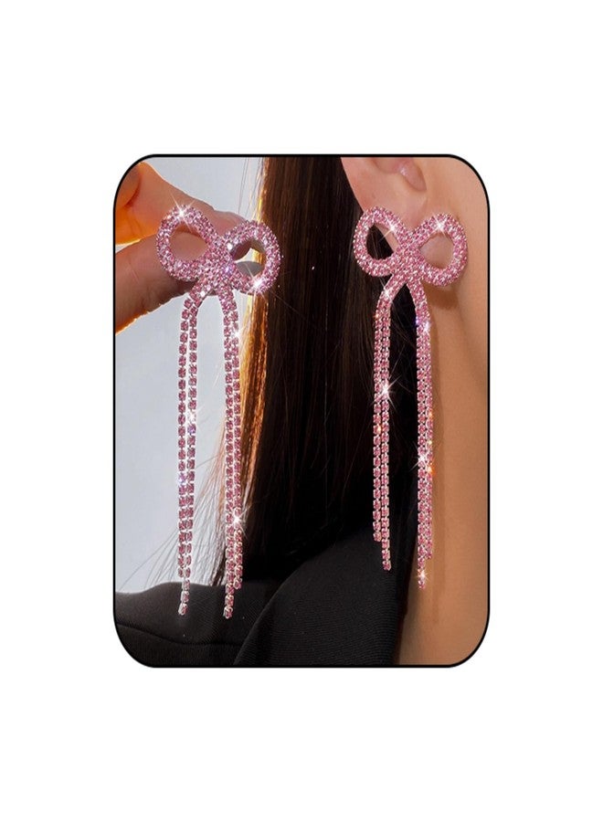 WCRAZYE Bow Earrings for Women Sparkly Rhinestone Bow Stud Earrings TasselBow Pearl Dangle Earrings for Christmas Jewelry (Pink) - Image 1