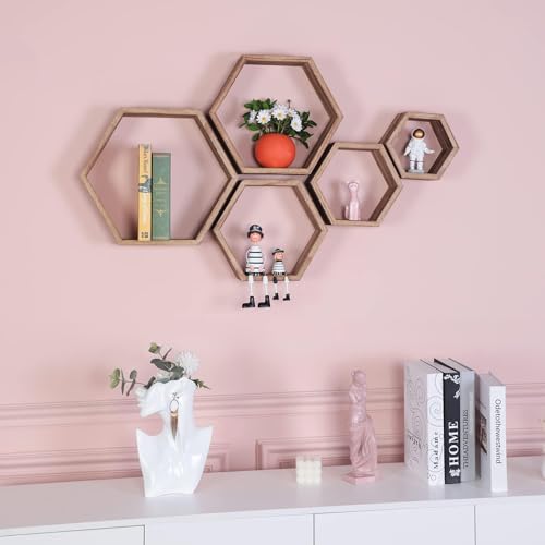 PHOENANCEE Hexagon Floating Shelves,Honeycomb Shelf Set of 5,Octagon Shelves Wall Mounted Hanging Storage Cube Wood for Bathroom Kitchen Bedroom Living Room Office Home - Image 2