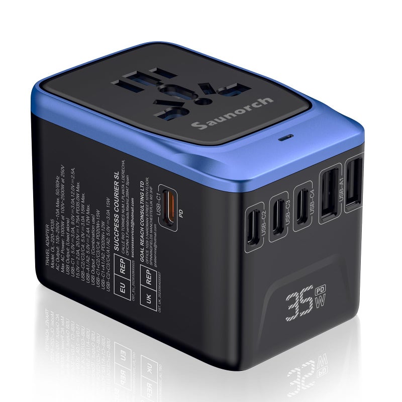 محول سفر عالمي PD 35W 7 في 1 محول طاقة دولي مع 70A 4 USBC و 2 USBA شاحن حائط سريع عالمي لمخرج AC للولايات المتحدة وأوروبا والمملكة المتحدة وأستراليا أسود أزرق