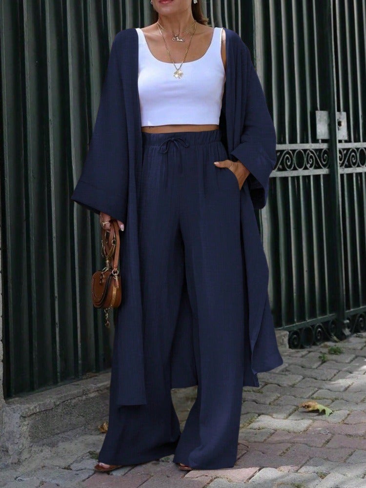 Women's Casual Two-Piece Set: Long Cardigan & Wide-Leg Pants, Loose Fit, Spring/Autumn