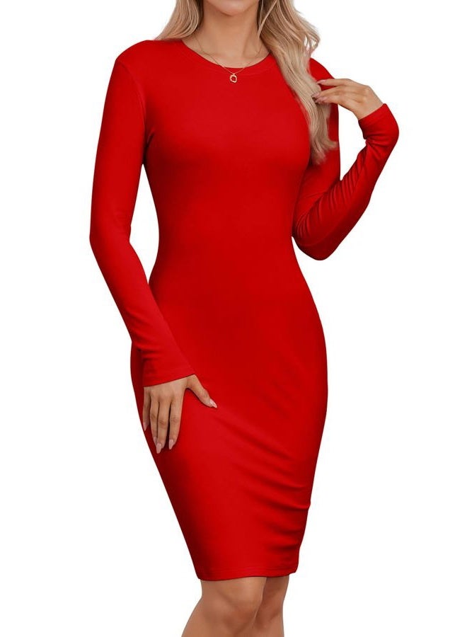 Qaffier Bodycon Dresses for Women Long Sleeve Dress Casual Crew Neck Slim Fitted Fleece Midi Dresses, Red, L - Image 1