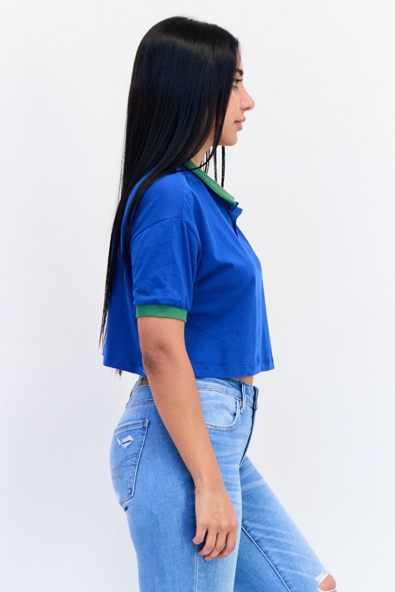 ONLY Women Spread Collar Short Sleeves Solid Crop Polo Shirt, Blue  - Image 2