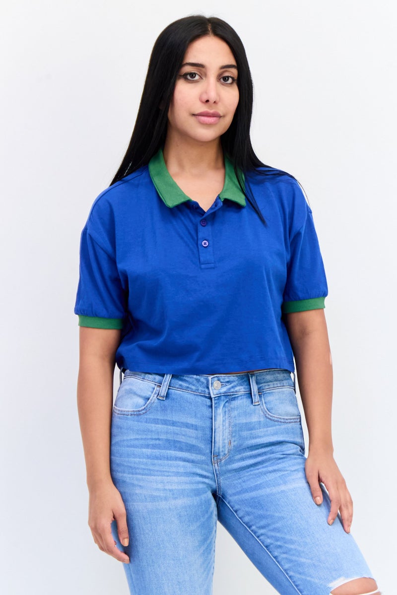 ONLY Women Spread Collar Short Sleeves Solid Crop Polo Shirt, Blue  - Image 1