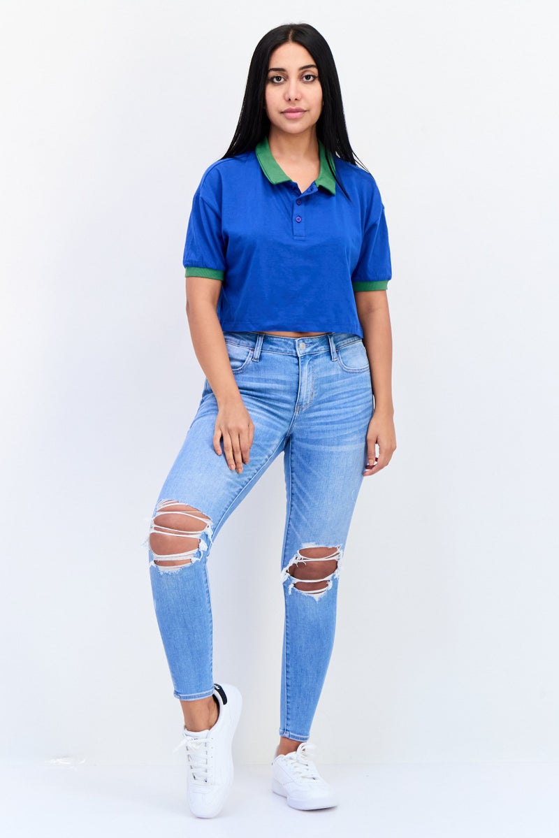 ONLY Women Spread Collar Short Sleeves Solid Crop Polo Shirt, Blue  - Image 4