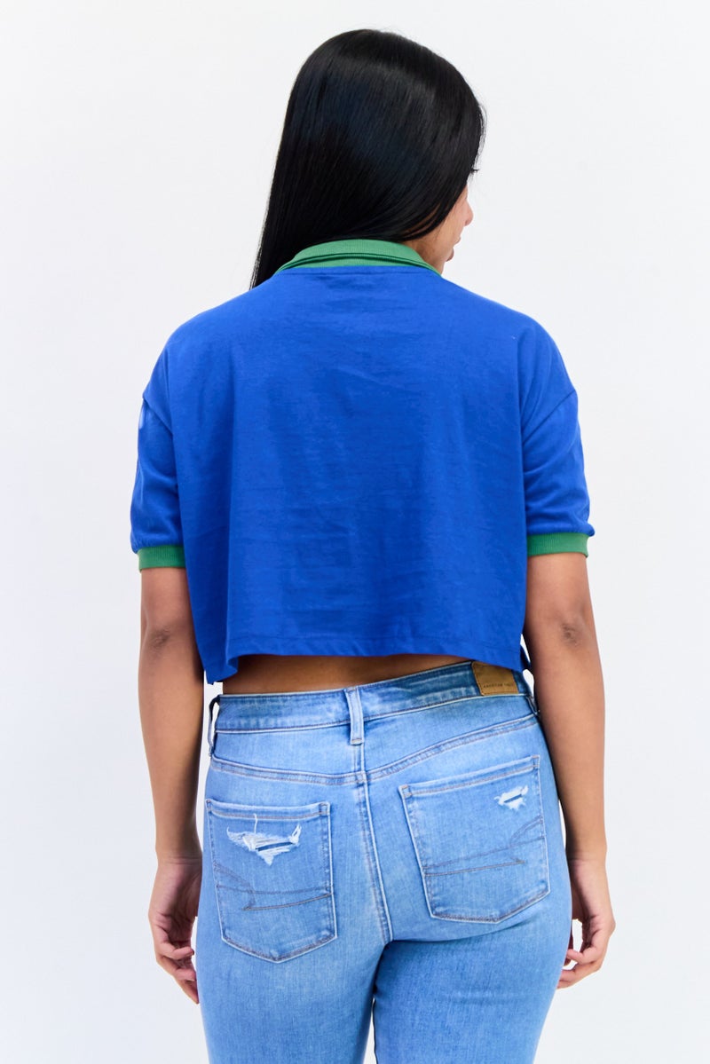 ONLY Women Spread Collar Short Sleeves Solid Crop Polo Shirt, Blue  - Image 3