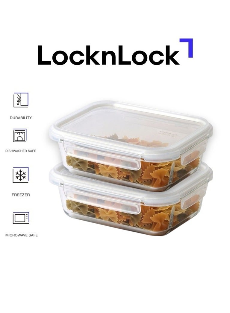 LocknLock Stackable Tempered Glass Rectangle 1040ml (PACK OF 2) – Airtight, Freezer & Microwave Safe