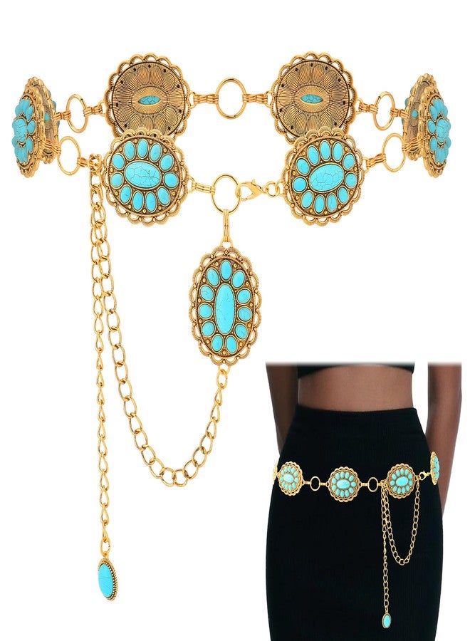 JMScape Western Turquoise Belt for Women Boho Cowgirl Concho Metal Belt for Country Concert Outfit Vintage Jewelry Accessories (A-Gold) - Image 1