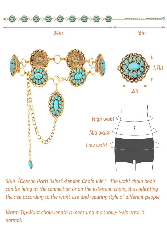 JMScape Western Turquoise Belt for Women Boho Cowgirl Concho Metal Belt for Country Concert Outfit Vintage Jewelry Accessories (A-Gold) - Image 4