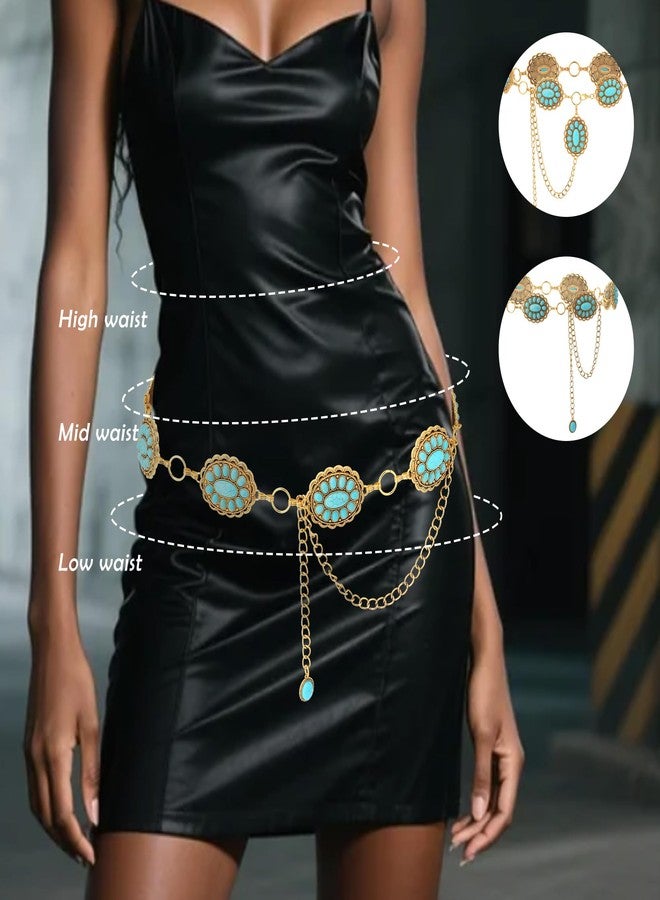 JMScape Western Turquoise Belt for Women Boho Cowgirl Concho Metal Belt for Country Concert Outfit Vintage Jewelry Accessories (A-Gold) - Image 3