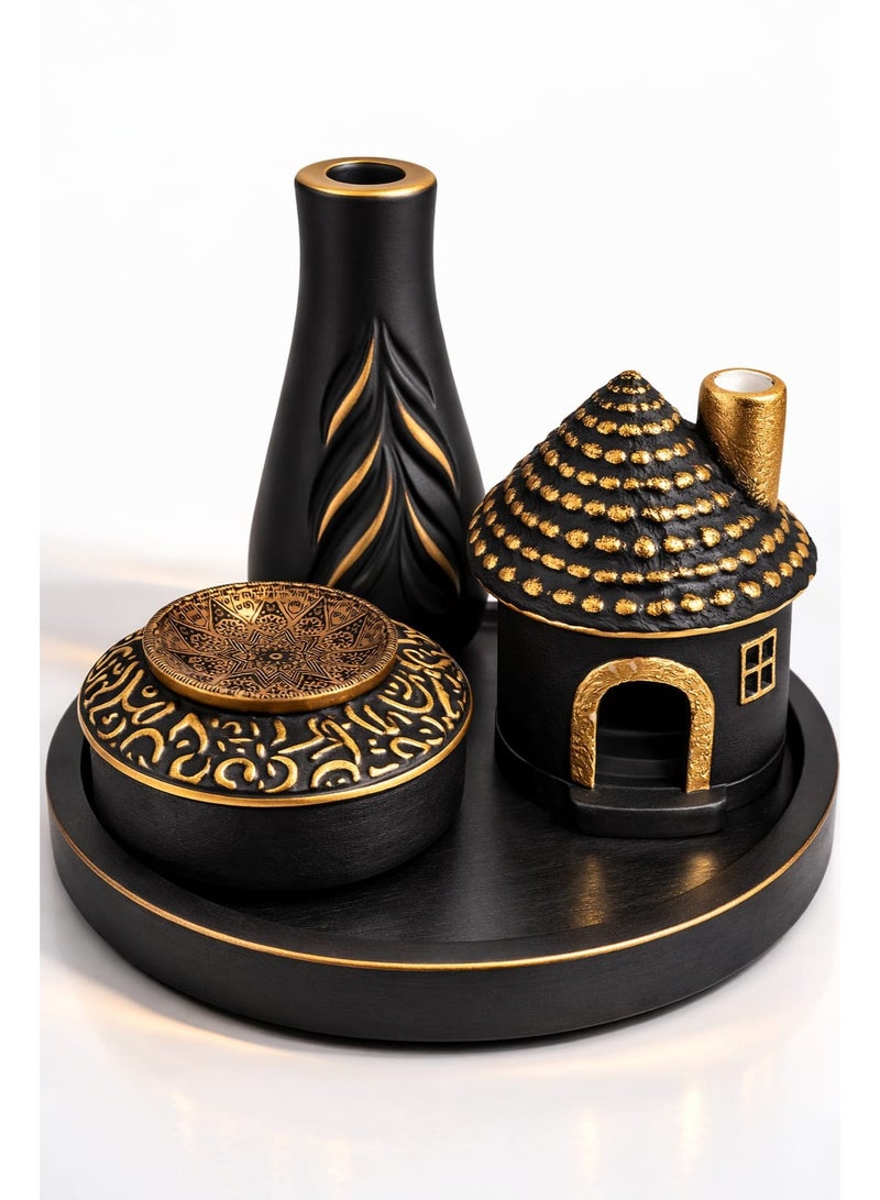 Elegant 4-Piece Home Decor Set with Tray, Vase, Incense Burner & LED Mini House – Black - Image 2