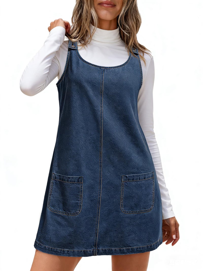 Dokotoo Denim Dress Womens Fashion Casual Sleeveless Crewneck Western Jean Dress Cowgirl Outfits Country Plus Size Denim Overalls for Women Babydoll Mini Shift Jumper Dresses with Pockets Navy Blue XL - Image 1