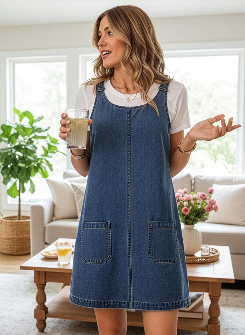 Dokotoo Denim Dress Womens Fashion Casual Sleeveless Crewneck Western Jean Dress Cowgirl Outfits Country Plus Size Denim Overalls for Women Babydoll Mini Shift Jumper Dresses with Pockets Navy Blue XL - Image 3