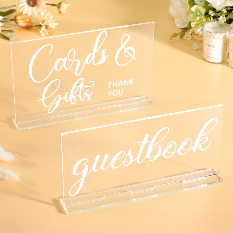 Yulejo 2 Pieces Acrylic Wedding Reception Sign Guest Book Sign Cards and Gifts Wedding Sign with Stand Rustic Farmhouse Hanging for Wedding Cabin Beach Party Home Decor  2 Styles (White Printing) - Image 1