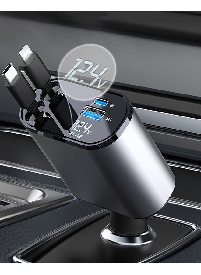 Hihonor 12/24V 120W Fast Car Charger with Retractable Charging Cable Fast Car Power Adapter PD20W for iPhone,4 in 1 USB Type-C Car Charger,Retractable Cables (2.6Ft) and 2 USB Ports Car Charger AdapterBluetooth USB Charger Plug with iPhone,Samsung,Galaxy,Huawei,Xiaomi - Image 1
