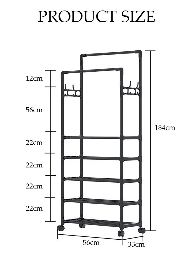 DUNISO Double Rods Clothes Rack with Roller, Metal Garment Rack with Shoe rack and Hooks, Multipurpose Clothes Hanger Organizer,Suitable for Bedrooms, Balconies and Living room (Black) - Image 2