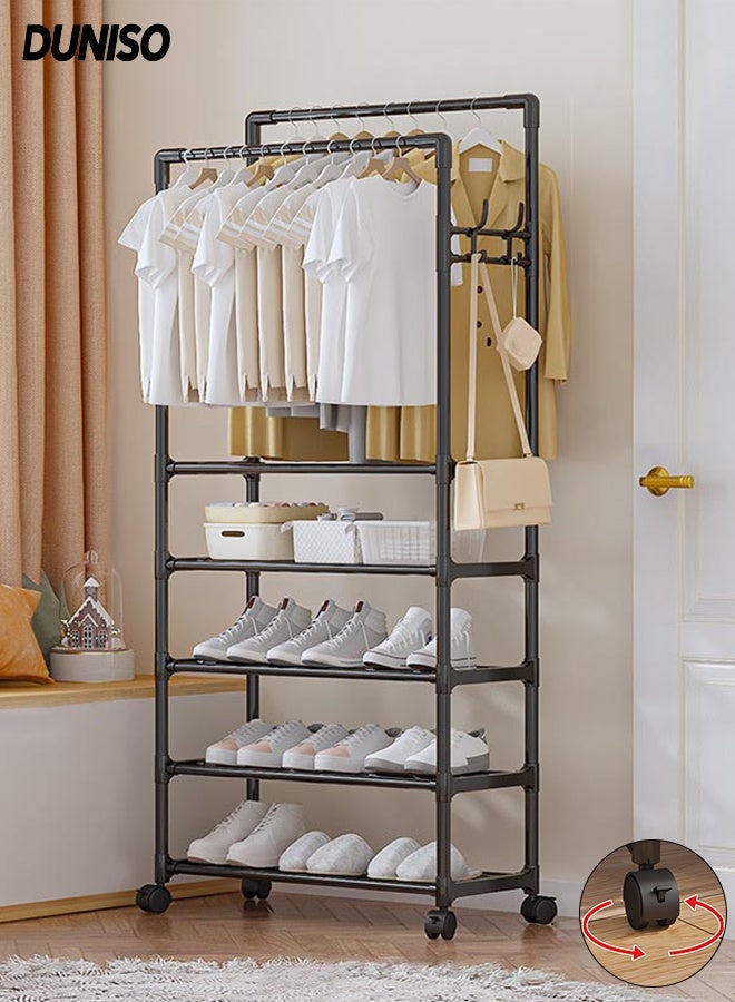 DUNISO Double Rods Clothes Rack with Roller, Metal Garment Rack with Shoe rack and Hooks, Multipurpose Clothes Hanger Organizer,Suitable for Bedrooms, Balconies and Living room (Black) - Image 1