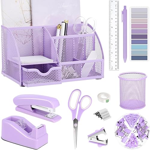 Scindaly Purple Office Desk Accessories Supplies 12pcs Desk Organizers and Accessories with Tape dispenser and StaplerStaplesStaple RemoverPen HolderScissorRulerSticky TabsTapeBallpoint PenClips Set - Image 1