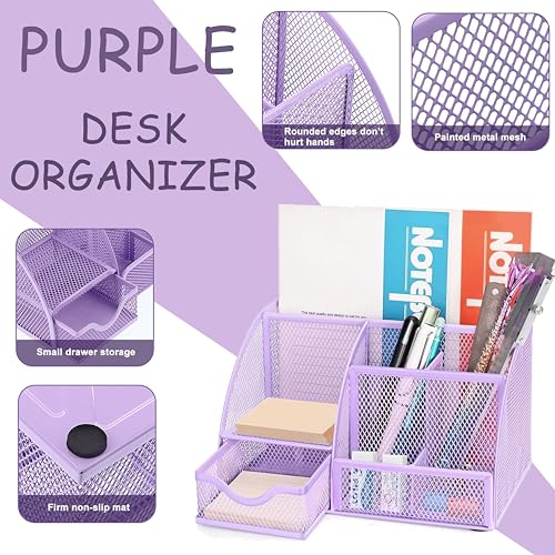 Scindaly Purple Office Desk Accessories Supplies 12pcs Desk Organizers and Accessories with Tape dispenser and StaplerStaplesStaple RemoverPen HolderScissorRulerSticky TabsTapeBallpoint PenClips Set - Image 3