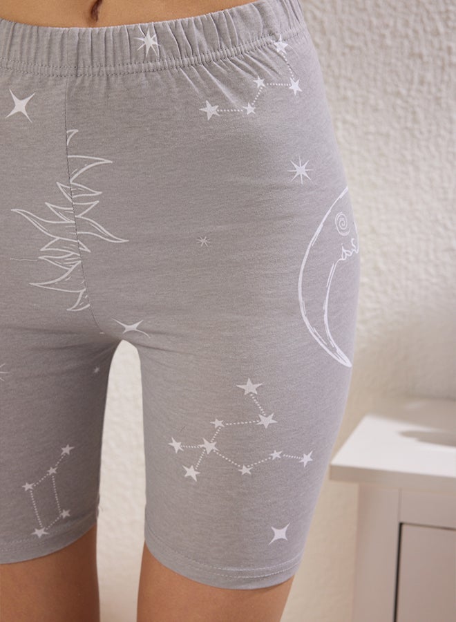 trendyol Gray-Multicolored 100% Cotton Galaxy Patterned Knitted Pajama Set with Shorts - Image 3