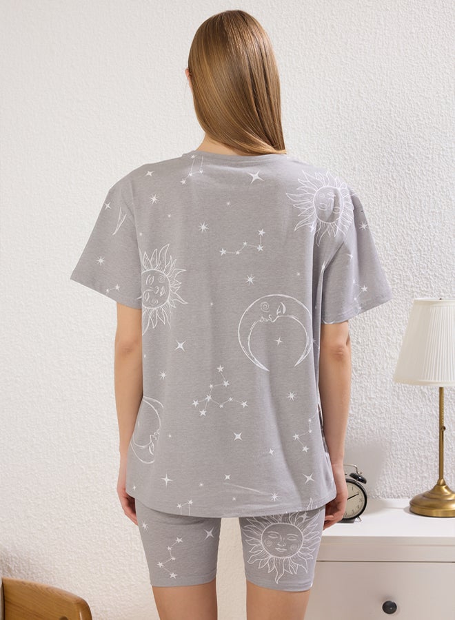 trendyol Gray-Multicolored 100% Cotton Galaxy Patterned Knitted Pajama Set with Shorts - Image 4