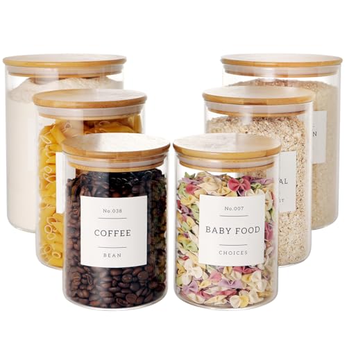 CZZGSM Set of 6 Glass Flour and Sugar jars with 132 Kitchen Pantry Labels - Thicken Large Glass Storage containers with Airtight Bamboo Lid - Rice Canisters for Salt Coffee(100OZ/54OZ/27OZ) - Image 1