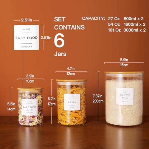 CZZGSM Set of 6 Glass Flour and Sugar jars with 132 Kitchen Pantry Labels - Thicken Large Glass Storage containers with Airtight Bamboo Lid - Rice Canisters for Salt Coffee(100OZ/54OZ/27OZ) - Image 4