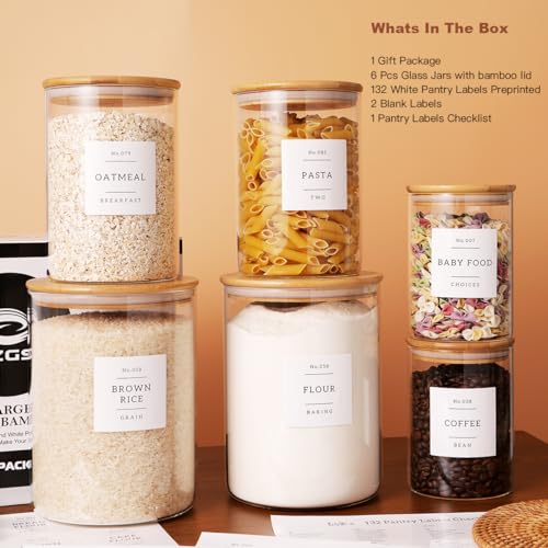 CZZGSM Set of 6 Glass Flour and Sugar jars with 132 Kitchen Pantry Labels - Thicken Large Glass Storage containers with Airtight Bamboo Lid - Rice Canisters for Salt Coffee(100OZ/54OZ/27OZ) - Image 2