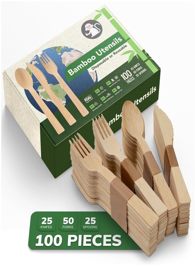 Albino Monkey Wooden Cutlery Set - 100 Pcs Disposable Bamboo Forks, Spoons, Knives - Compostable 100% Natural Bamboo Utensils for Parties, Picnics, Camping, Weddings - Eco-Conscious Dining Supplies - Image 1