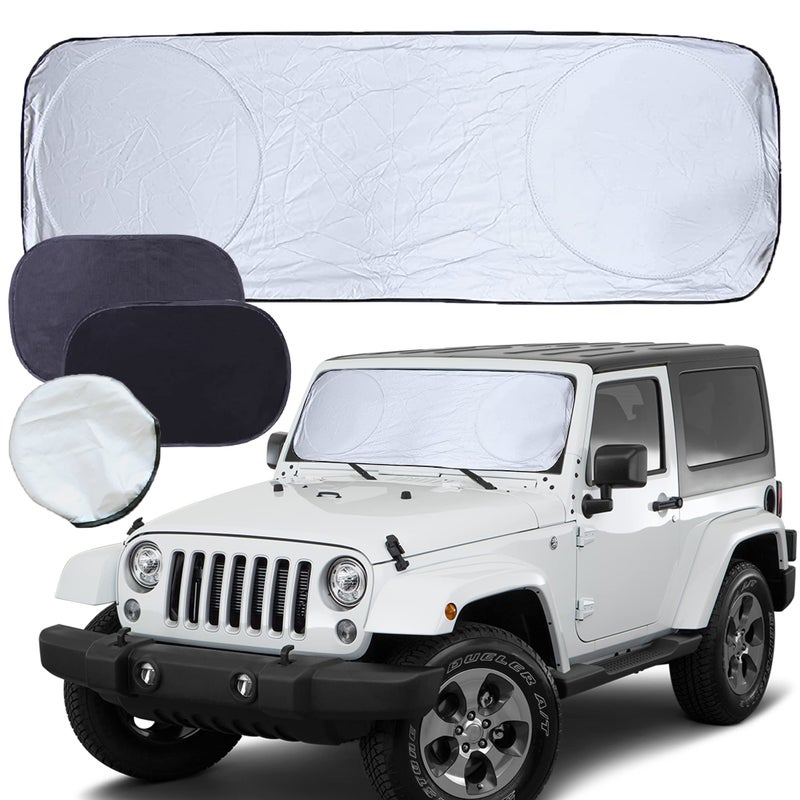 CARTMAN Windshield Sun Shade 60" x 21" Fit for Jeep Wrangler JL JK Gladiator, Baby Sun Shade for Car Window Side 20"x12", Durable 210T Material Car Sun Visor for UV Rays, Storage Pouch Included - Image 1