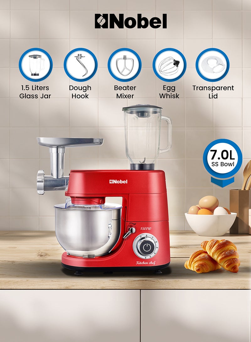 Nobel 3 in 1 Food Processor Stand Mixer and Bowl 7L with 1.5L Juicer 1500 W NBM100 Red - Image 1