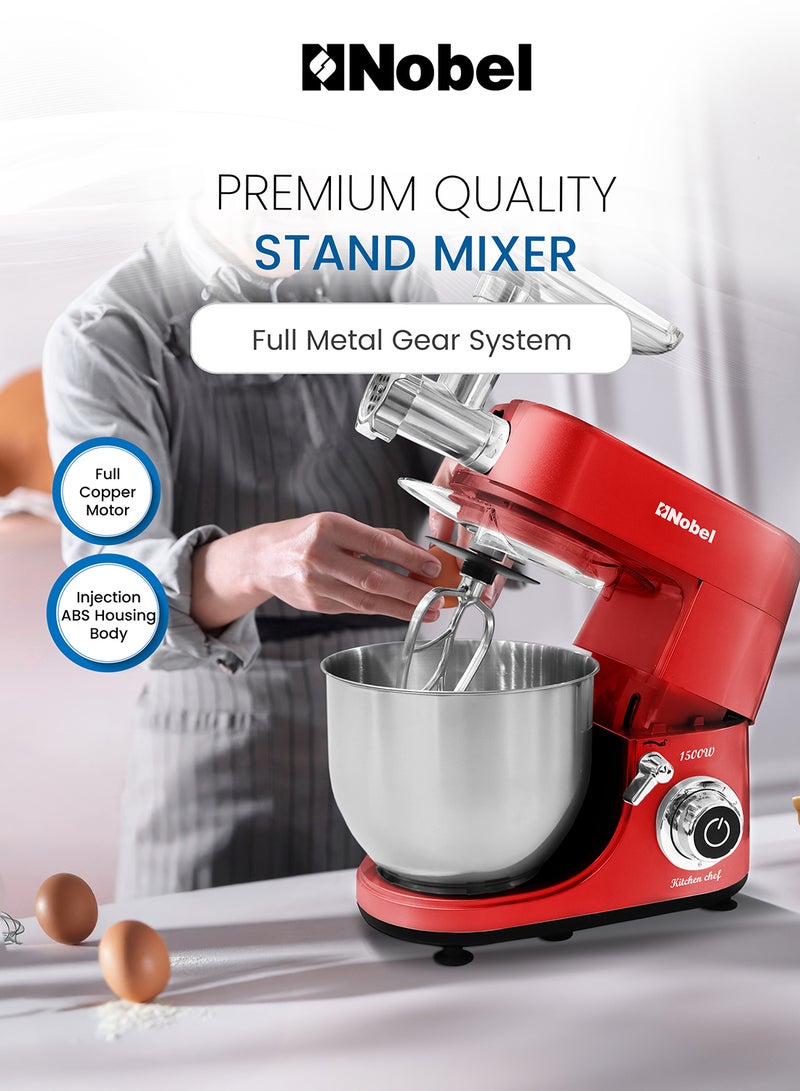 Nobel 3 in 1 Food Processor Stand Mixer and Bowl 7L with 1.5L Juicer 1500 W NBM100 Red - Image 2
