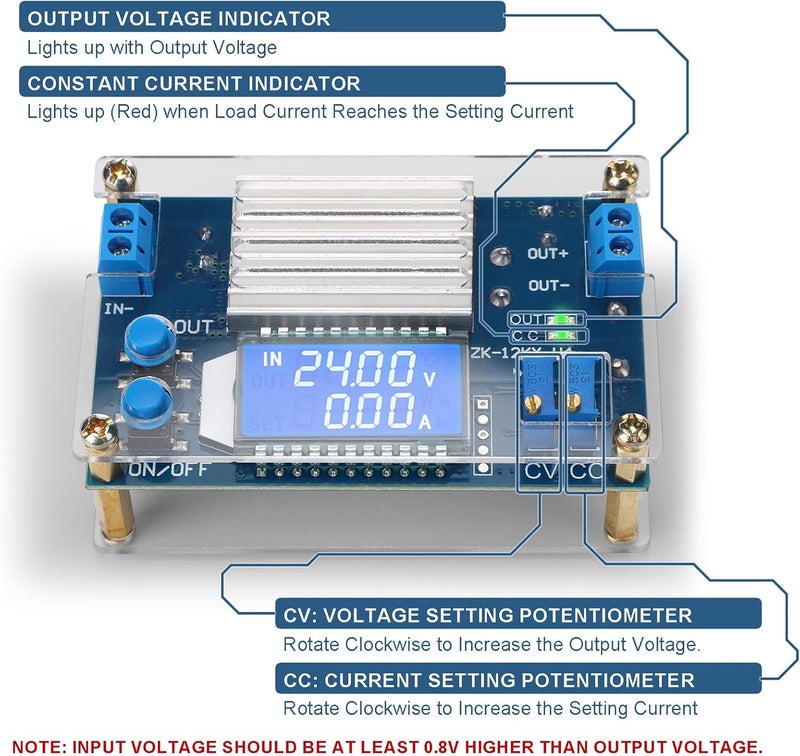 DROK DC Buck Converter, 5.3V-32V to 1.2V-32V 12A Adjustable Power Supply, 5v 9v 12v 24V 30V 32V Step Down Voltage Regulator with LCD Display Volt Transformer Reducer CC CV for RV Solar Panel Golf Cart - Image 4