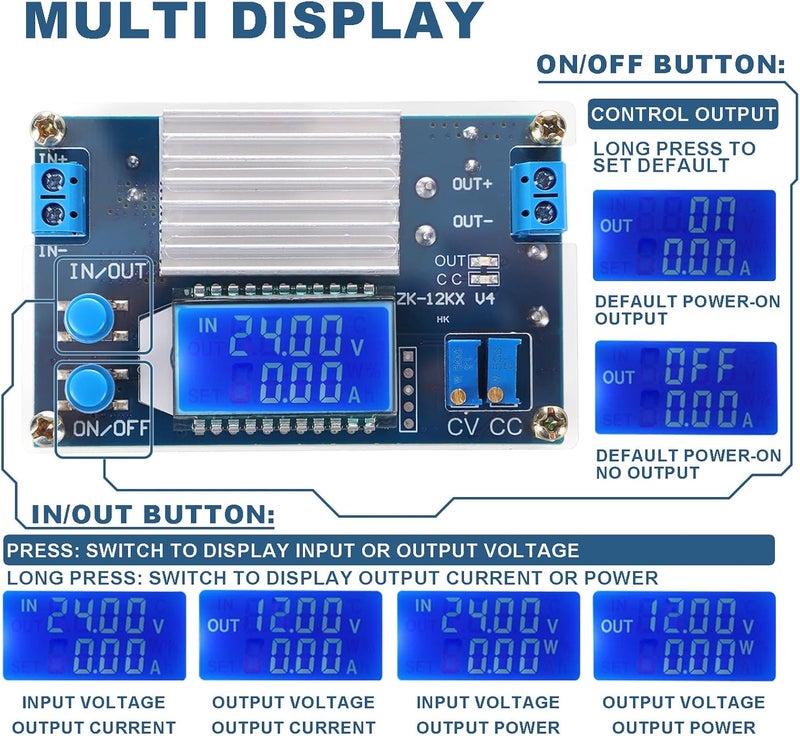 DROK DC Buck Converter, 5.3V-32V to 1.2V-32V 12A Adjustable Power Supply, 5v 9v 12v 24V 30V 32V Step Down Voltage Regulator with LCD Display Volt Transformer Reducer CC CV for RV Solar Panel Golf Cart - Image 3