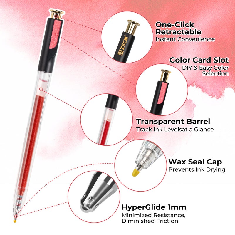 ZSCM Retractable Glitter Gel Pens, 12 Colors Large Capacity Red Pink Glitter Metallic Gel Ink Pens, 1 mm Fine Point Smooth Writing Color Pens for Adult Coloring Book Note Taking Aesthetic Art Supplies - Image 2