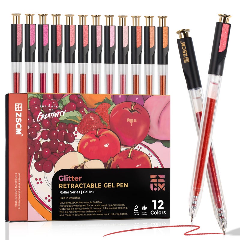 ZSCM Retractable Glitter Gel Pens, 12 Colors Large Capacity Red Pink Glitter Metallic Gel Ink Pens, 1 mm Fine Point Smooth Writing Color Pens for Adult Coloring Book Note Taking Aesthetic Art Supplies - Image 1