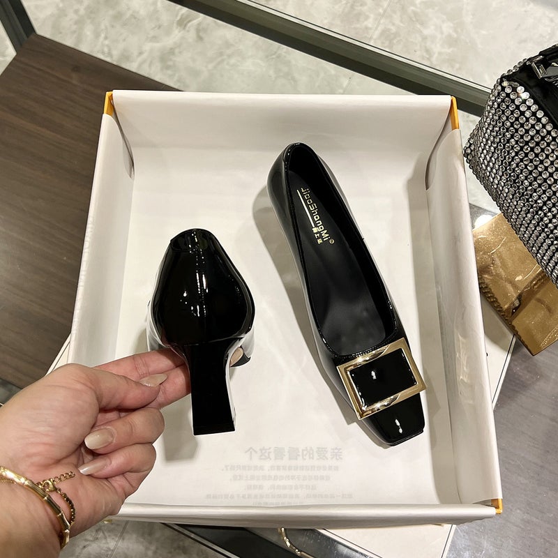 Classic Patent Leather Square-Toe Mid-Heel Pumps for Women - French Style Work  Shoes