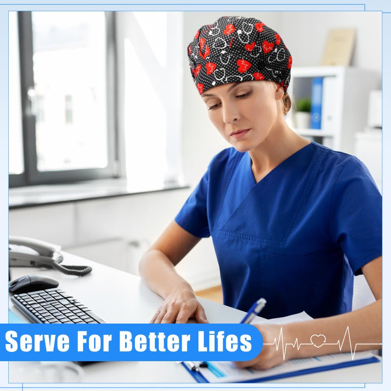 Maiteenly 6 Pcs Valentines Satin Lined Scrub Caps Women Bouffant Nursing Hats with Button and Sweatband Adjustable Working Hat (Classic Style) Multicolor - Image 5