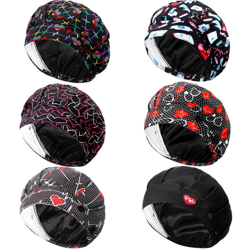 Maiteenly 6 Pcs Valentines Satin Lined Scrub Caps Women Bouffant Nursing Hats with Button and Sweatband Adjustable Working Hat (Classic Style) Multicolor - Image 1
