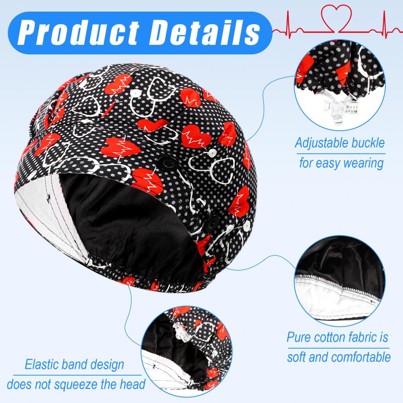 Maiteenly 6 Pcs Valentines Satin Lined Scrub Caps Women Bouffant Nursing Hats with Button and Sweatband Adjustable Working Hat (Classic Style) Multicolor - Image 4