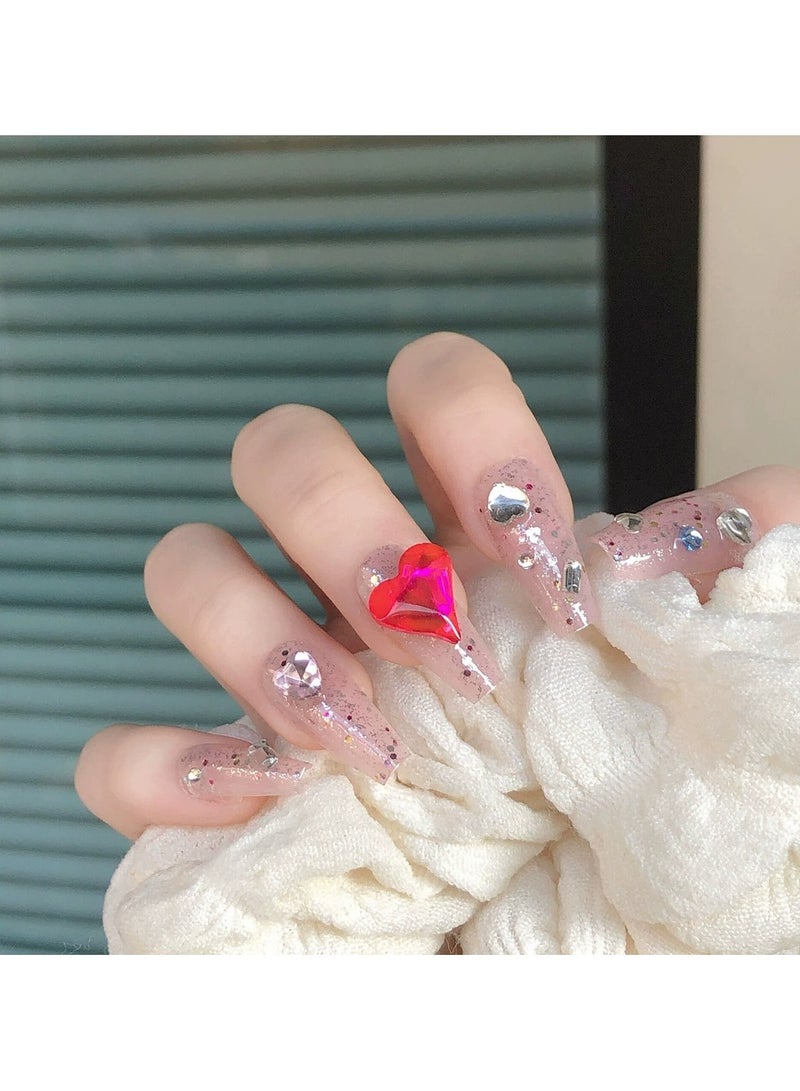Goolsky أظافر فاخرة قابلة للصق - شكل شبه منحرف مع جواهر قلب وخرز لامع، 30 قطعة متلألئة - Image 2